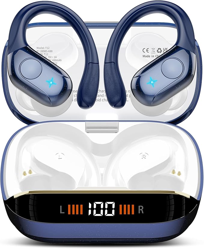Wireless Earbuds Bluetooth Headphones Stereo Deep Bass Sports Ear Buds with Earhooks Bluetooth Earbuds LED Display IP7 Waterproof Earphone Dark Blue