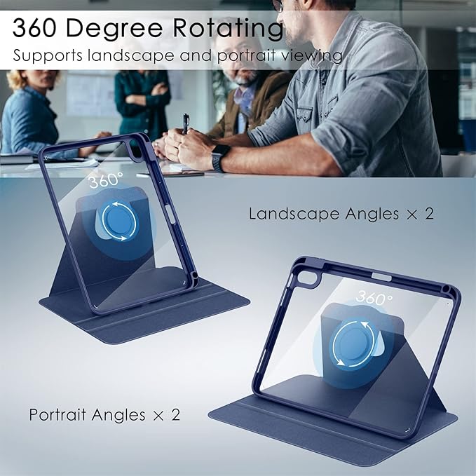 Soke Rotating Case for iPad (A16) 11th Generation 2025 iPad 10th Gen 2022 with Pencil Holder [Shockproof + Auto Sleep/Wake] 360 Degree Rotation Clear Back for iPad 11/10.9 - Navy Blue