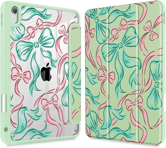 Tuiklol for 2025 iPad (A16 Chip) 11th Generation 11 inch/iPad 10th Generation 10.9 inch 2022 Case Buit in Pencil Holder with Clear Back Shell Cover Trifold Stand Auto Wake/SleepRibbon Bow Green