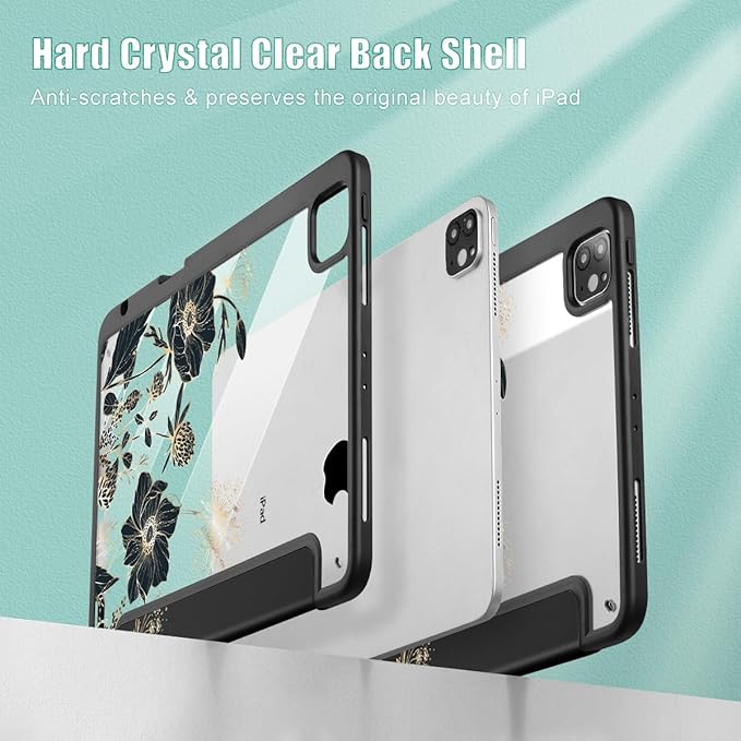May Chen for iPad Pro 11 inch M2 4th Generation 2022 iPad Pro 11 3rd/2nd/1st Gen Case with Transparent Shockproof Back Cover [Built-in Pencil Holder Auto Sleep/Wake Abstract Floral
