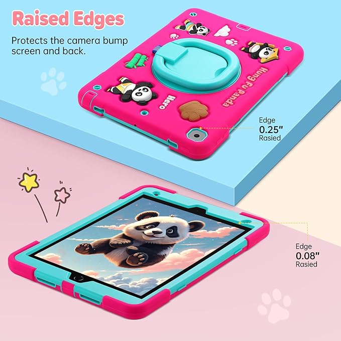 Case for iPad 9th/8th/7th GenerationCute 3D Cool Panda Warrior Design Cover with Screen Protector Rugged Protective Cartoon Case with Stand/Strap/Pen Slot for iPad 10.2 Kids Teens (Rose+Mint)