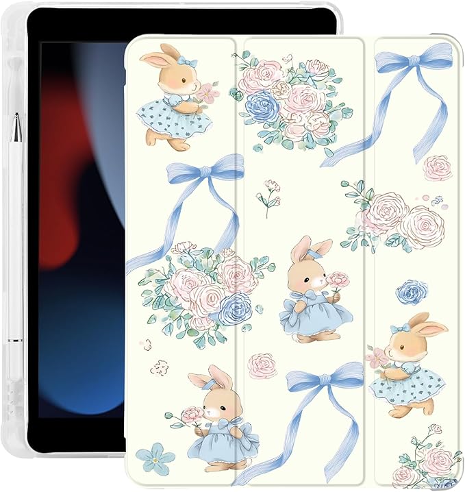 Cute Kawaii Bunny Flower Bow for iPad Air 11 Inch Case 7th/6th Generation (M3/M2) 2025/2024 with Pencil Holder Auto Sleep/Wake White Leather Soft TPU Back Cover