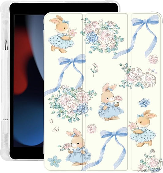 Cute Kawaii Bunny Flower Bow for iPad Air 11 Inch Case 7th/6th Generation (M3/M2) 2025/2024 with Pencil Holder Auto Sleep/Wake White Leather Soft TPU Back Cover