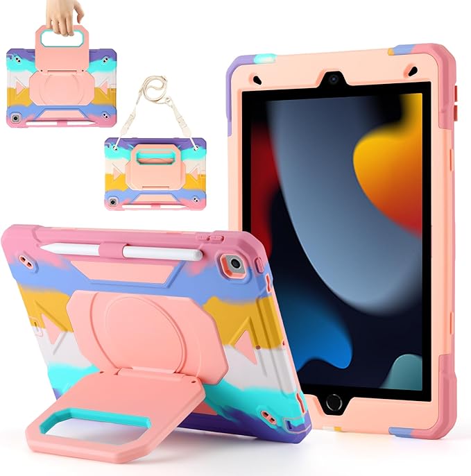 Case for iPad 9th Generation (2021) /iPad 8th Gen (2020)/iPad 7th Gen (2019) Military Grade Shockproof iPad Case Built-in 360°Rotating Stand/Pen Slot/Shoulder Strap for iPad 10.2 (Colorful)