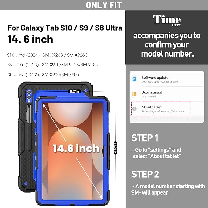 Timecity Case for Samsung Galaxy Tab S10 Ultra/ S9 Ultra/ S8 Ultra Tablet Case 14.6''- Heavy Duty Protective Cover with Screen Protector Stand Shoulder Strap &amp S Pen Holder | Kids-Friendly Blue