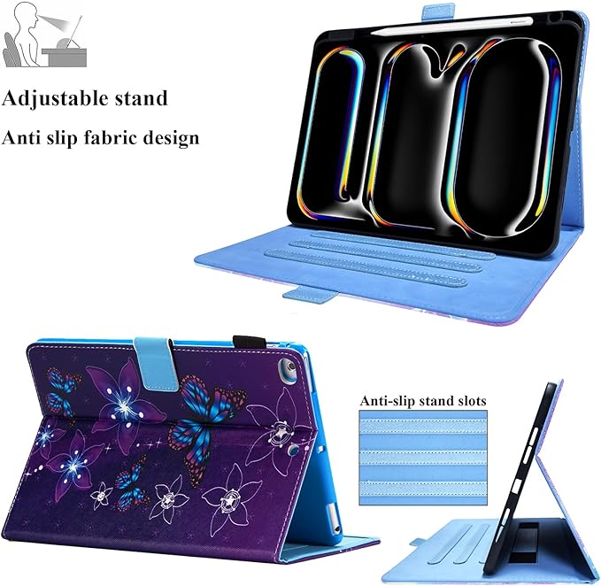 for iPad Pro 11 inch M4 Case 2024 (Model: A2836/A2837/A3006)with Stand/Hand Strap/Pencil Holder/Pockets [Auto Wake/Sleep] Magnetic Smart Slim Wallet Shockproof Cover Purple Flower Butterfly