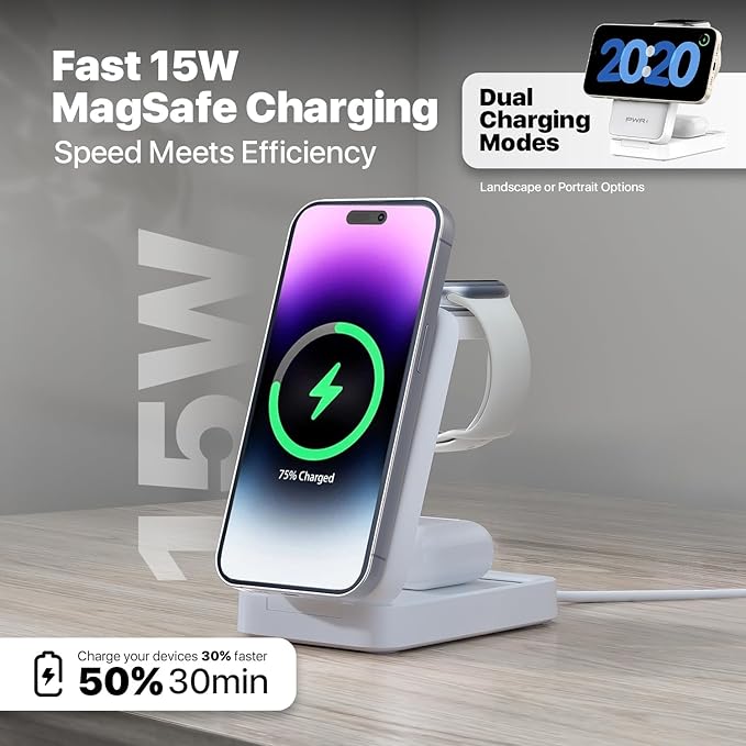 PWR Fold 2.0 4-in-1 Charging Station for Multiple Devices - Portable Wireless Charging Station Compatible with Apple Watch iPhone Samsung Airpods and Qi Wireless Devices (White)