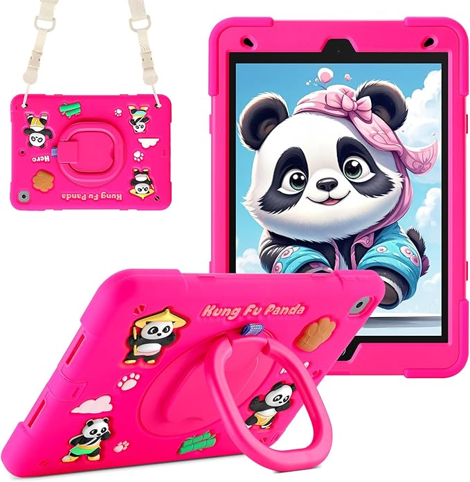 Case for iPad 9th/8th/7th Generation iPad 10.2 Inch 2021/2020/2019 Funny Cartoon Silicone 3D Panda Design Kids Case Heavy Duty Protection with Stand/Pencil Holder/Shoulder Strap (Rose)