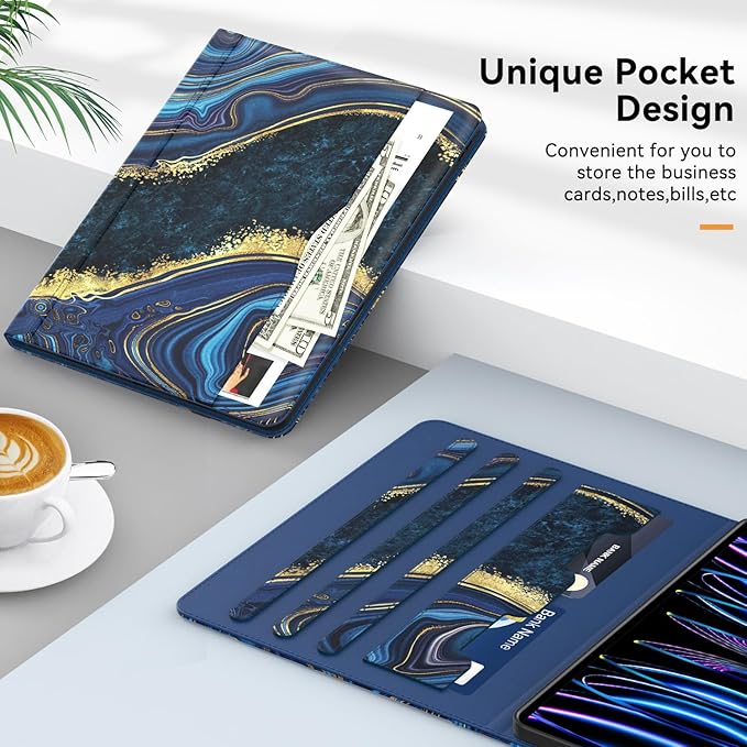 Case for New iPad Pro 12.9 inch 6th/5th/4th/3rd Generation 2022/2021/2020/2018 12.9'' ipad Pro Leather Protective Cover 6/5/4/3 Gen with Pencil Holder Auto Wake/Sleep Marble Ocean Blue