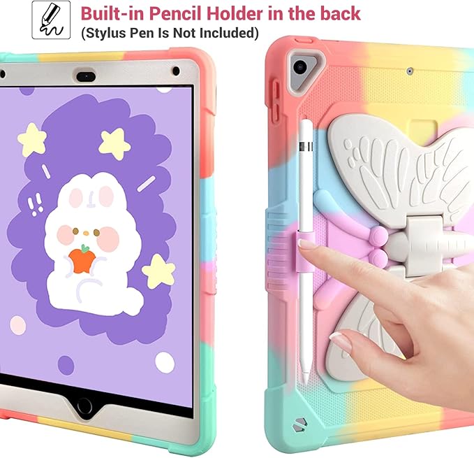 for iPad 9th/8th/7th Generation 10.2 inch Butterfly Case Cute iPad Air 3 10.5 Kawaii Girly Soft Silicone Protective Cover for Kids Girls Women w/Stand Shoulder Strap Pencil Holder Colorful