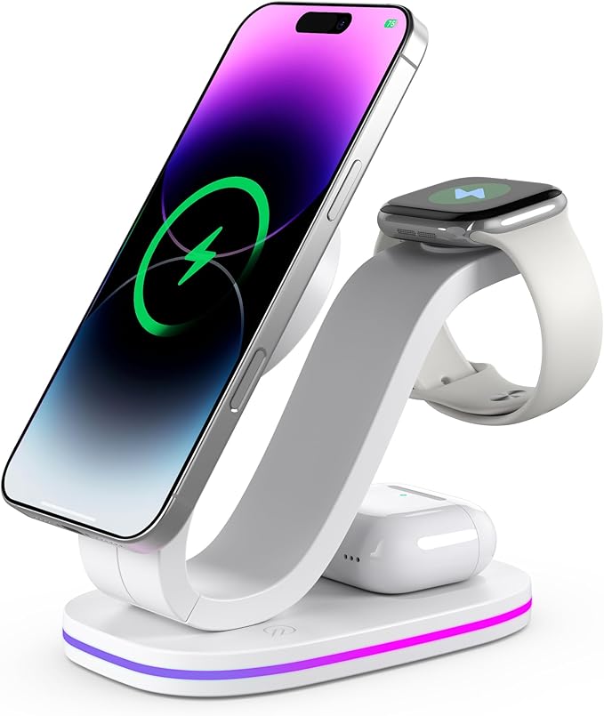 4-in-1 Wireless Charging Station Qi2 15W Charger Station for iPhone 17/16/15/14/13/12 Series Watch Airpods 1-8/Ultra iPad AirPods (White 4 in 1)