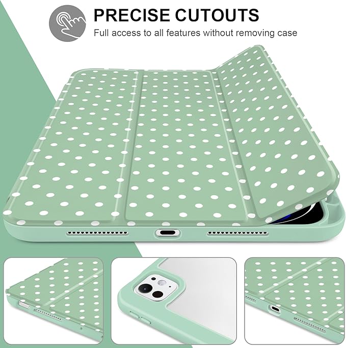 Case for iPad Pro 11 Inch (M5 2025 M4 2024) – [Built-in Pencil Holder] Shockproof &amp Stylish Clear Hard Back + Soft TPU Edge Magnetic Trifold Stand Auto Wake/Sleep Green White dot