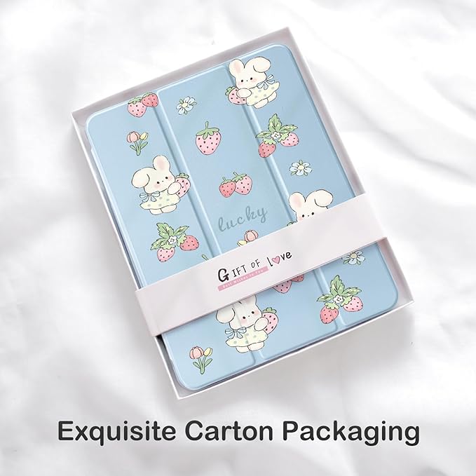 Cute Kawaii Bunny Strawberry for iPad (A16) 11th Generation Case 11 Inch 2025 for iPad 10th Generation Case 10.9 Inch 2022 with Pencil Holder Auto Sleep/Wake Blue Leather Clear Acrylic Back Cover