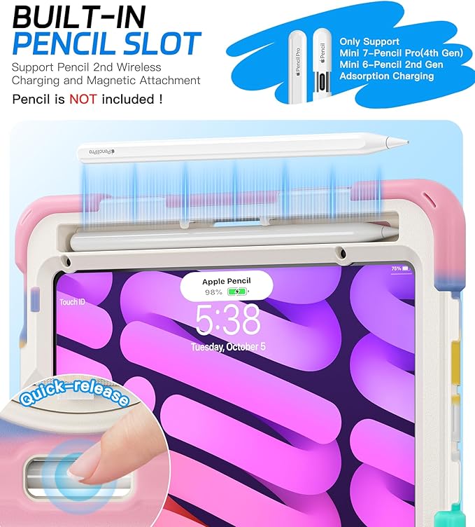 BRAECNstock Kids Case for Apple iPad mini 7 (A17 Pro) 2024/ Mini 6 8.3 Shockproof Protective iPad mini 7th/6th Gen Case with Screen Protector Pen Holder [Rotating Stand+Hand Strap] Colorful Pink