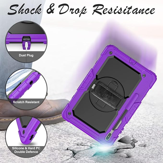 Tablet Case for Samsung Galaxy Tab S8 Plus/S7 FE/S7 Plus 12.4 [Shockproof] with Tempered Glass Screen Protector Rotating Kickstand/Hand &amp Shoulder Strap/S Pen Holder (Purple)