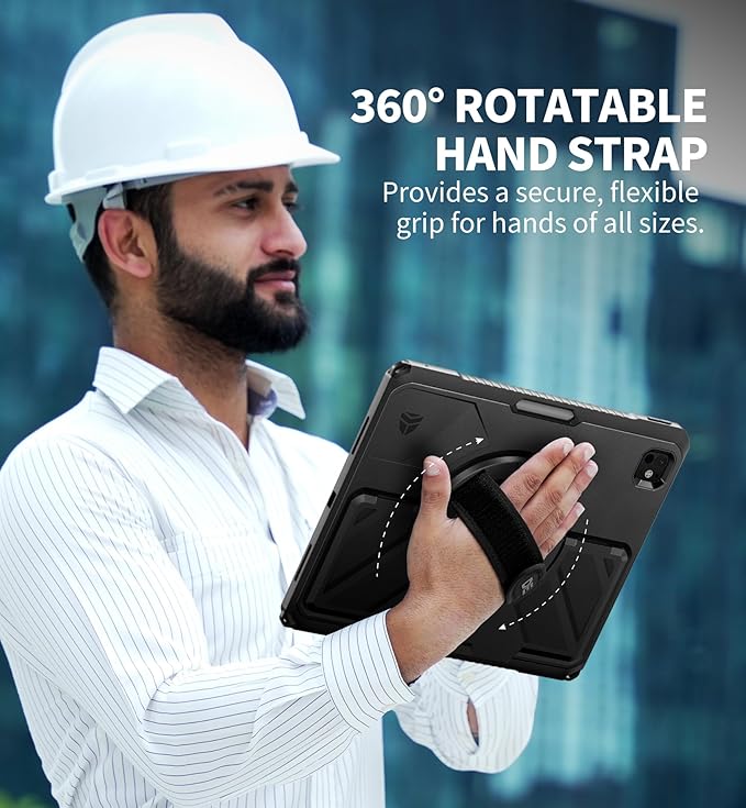 Dexnor for iPad Pro 13 inch Case M4 2024 Rugged Protective Case with 360° Rotating Hand Strap &amp Large Steady Stand &amp Screen Protector &amp Pencil Holder Shockproof Full-Body Bumper CoverBla