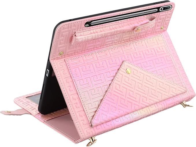 Shiny Case for Samsung Galaxy Tab S10+ 2024/S9 FE+ 2023/S9+ Plus 12.4 Techcircle Crossbody Iridescent Folio Stand Wallet Case with Pen Holder+Card Slots+Hand Strap+Shoulder Strap Shiny Pink
