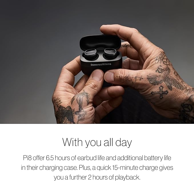 Bowers &amp Wilkins Pi8 Bluetooth Wireless Earbuds (Anthracite Black) in-Ear Bluetooth Earphones with Qualcomm Chipset &amp aptX Lossless Active Noise Cancelling Earbuds 3 Built-in Mics 15-Min C