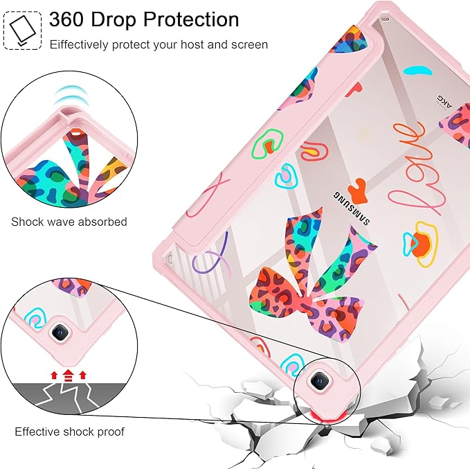 Mektron Case for Samsung Galaxy Tab S6 Lite 10.4 Inch 2024/2022/2020 with S Pen Holder Multi-Angle Viewing with Shockproof Cover Clear Shell + Trifold Stand + Auto Wake/Sleep Neon Bows-Pink