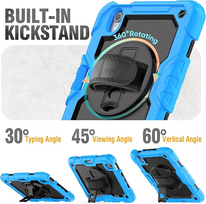 HXCASEAC Case for iPad mini 7 (A17 Pro) / iPad mini 6 Case 8.3 inch Full Body Protective with Pencil Holder Carrying Strap Hand Strap Protector Rotating Stand A2995 A2993 A2567 A2568 Light Blue