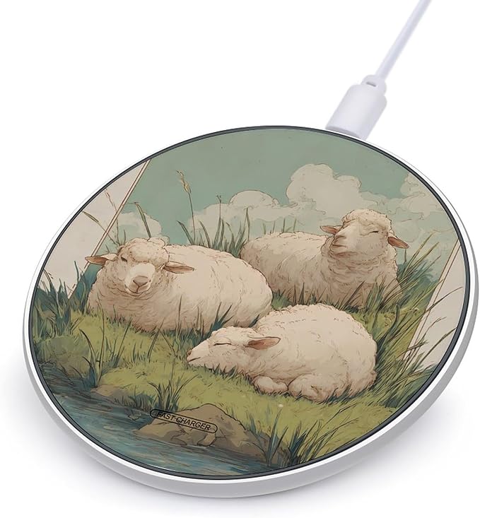 Sheep Laying On Grass Near Water Phone Charger Magnetic Charging Pad Anti-Slip with USB Cable