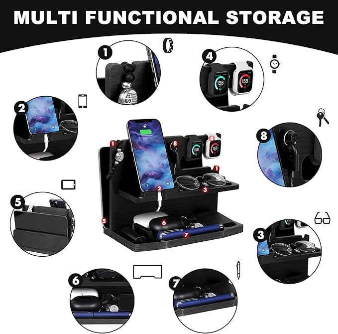 Gifts for Men Desk or Nightstand Organizer - Wood Phone Docking Station - Birthday Gifts for Husband Fathers Day for Dad - Anniversary Idea from Wife - Key Holder Stand Wallet Watch &amp Essential
