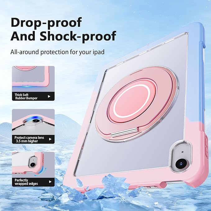 Case for iPad (A16) 11th /10th Generation 11 Inch 2025/10.9 inch 2022with Screen Protector360 Rotating Metal StandClear BackHeavy Duty Shockproof for Kids Case Blue-Pink