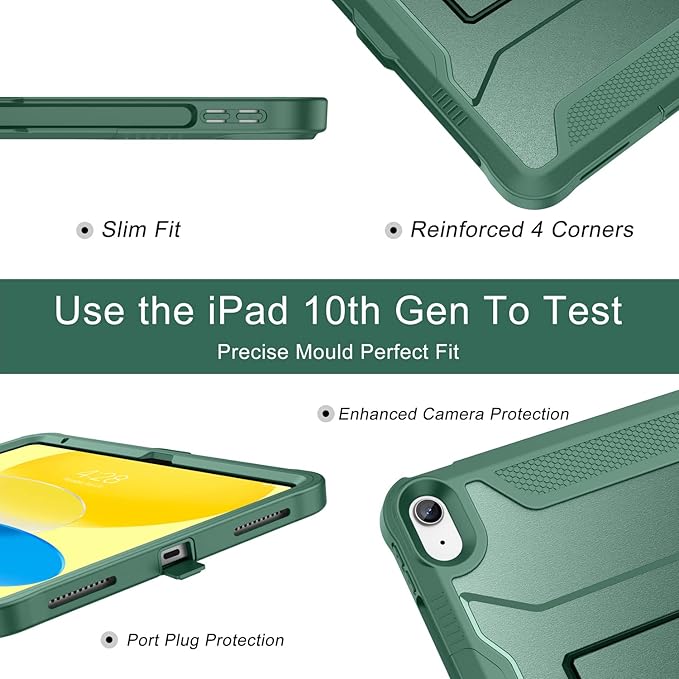 Soke Case for iPad (A16) 11th Generation 11-inch 2025 iPad 10th Generation 10.9-inch 2022 with Built-in Screen Protector and Kickstand Rugged Full Body Protective Cover - Midnight Green