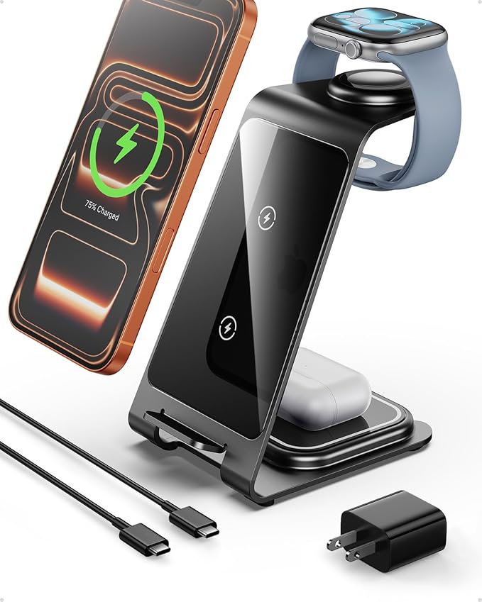 Intoval Aluminum 3 in 1 Wireless Charging Station for iPhone 17 16 15 14 13 12 11 Pro Max XR Wireless Charger for Apple Watch 11 10 9 8 7 Ultra SE 3 2 Phone Charger for AirPods 4 Pro 2 3 (Grey)