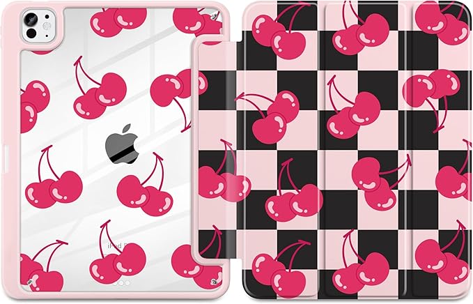 DONGKE for iPad Pro 11-Inch Case (M5 2025 / M4 2024) 6th/5th Generation [Auto Sleep/Wake &amp Pencil Pro Holder] Clear Acrylic Back Smart Trifold Stand Cover Cherry Checkers
