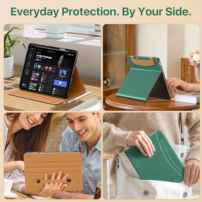 MoKo Case for iPad Air 13-inch (M4) 2026 / (M3) 2025 / (M2) 2024 with Pencil Holder &amp Hand Strap &amp Pocket Premium Leather Folio Stand Cover Multiple Viewing Angles Green