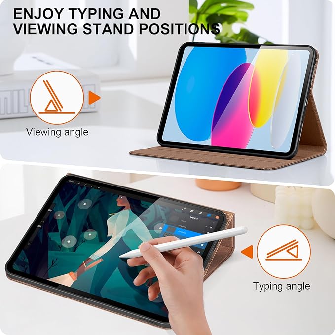Genuine Leather Case for iPad 11th Generation (11-inch 2025) &amp iPad 10th Generation (10.9-inch 2022) Protective Auto Wake/Sleep Adjustable Stand Multiple View AnglesBrown