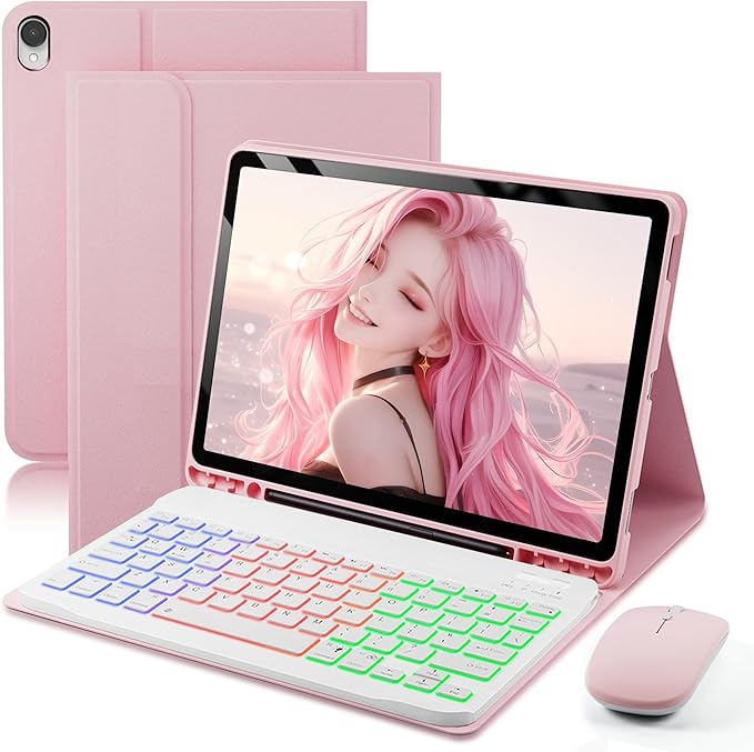 Keyboard Case for Samsung Galaxy Tab S11-11 inch 2025 Cover (SM-X730 SM-X736 SM-X736B)- 7 Color Rainbow Change Backlit Detachable Magnetic Keyboard with S Pen Holder with Mouse - Pink