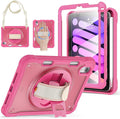 BRAECNstock Case for iPad mini 7 (A17 pro) 2024 &amp Mini 6 2021 8.3-inchShockproof Protective Cover with Pencil HolderScreen Protector360° Rotating Hand Strap/Stand-Rose Red