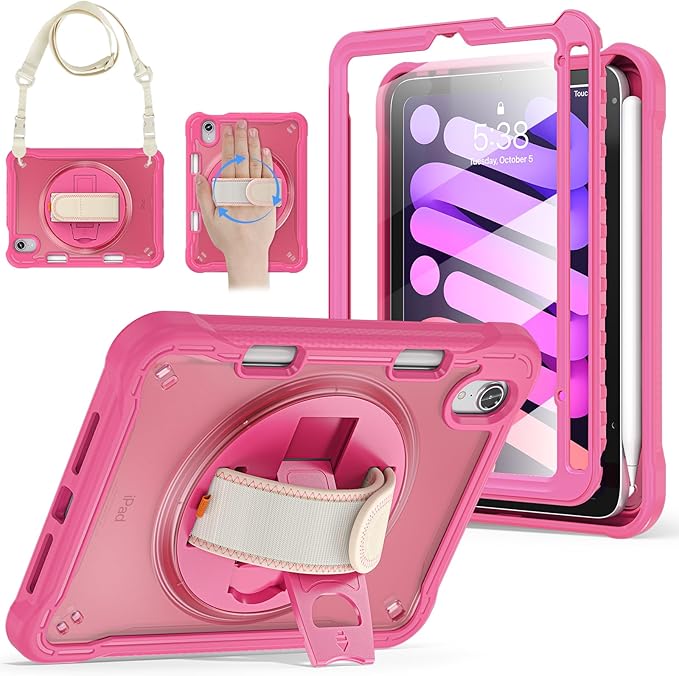 BRAECNstock Case for iPad mini 7 (A17 pro) 2024 &amp Mini 6 2021 8.3-inchShockproof Protective Cover with Pencil HolderScreen Protector360° Rotating Hand Strap/Stand-Rose Red