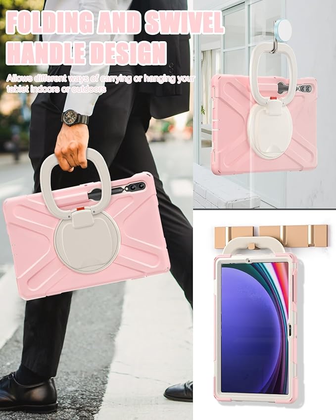 BRAECN Case for Samsung Galaxy Tab S10+/S9 FE+/S9+ 12.4” 2024 Rugged Silicone Cover with Shoulder Strap/S Pen Holder/Screen Protector/Kickstand/Handle Grip for Tab S9+/S8+/S7 FE/S7+ Sakura Pink