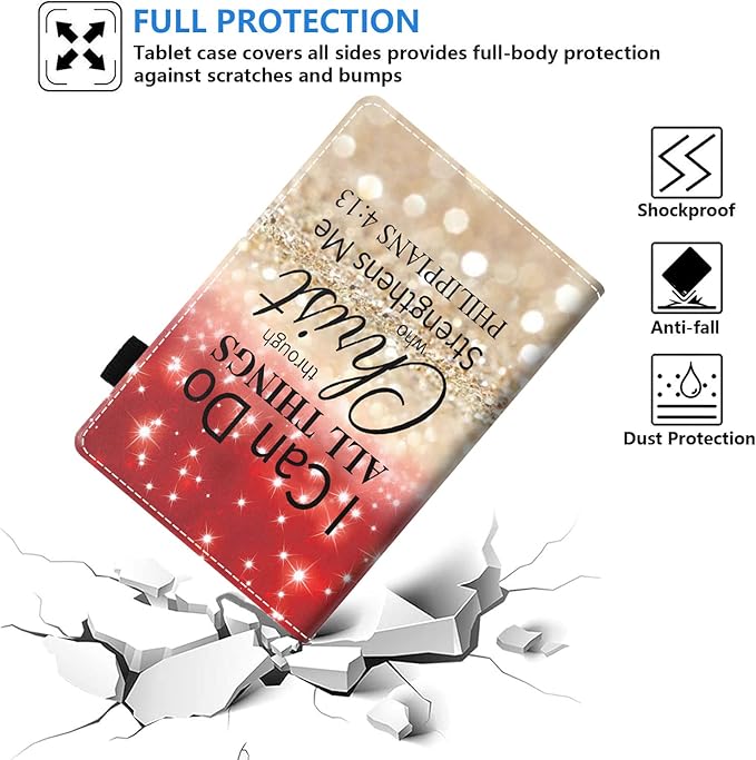 Case for Kindle Fire HD 10/Fire HD 10 Plus Tablet 10.1 inch (11th Gen 2021 Released) - Red Glitter Quote Bible Verse Philippians 4-13 Design Slim PU Leather Cover with Auto Sleep Wake