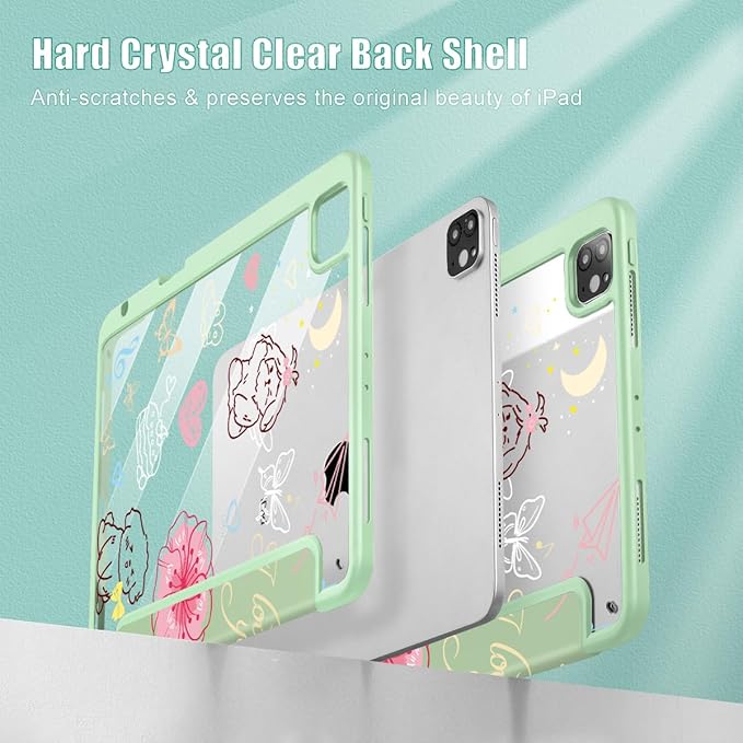 May Chen for iPad Pro 11 inch M2 4th Generation 2022 iPad Pro 11 3rd/2nd/1st Gen Case with Transparent Shockproof Back Cover [Built-in Pencil Holder Auto Sleep/Wake Green Flower Dog