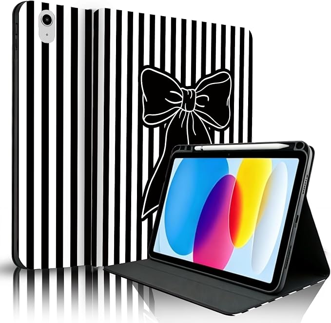 Black White Striped-Black Ribbon Bow