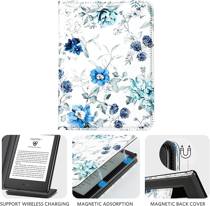 CoBak Case for 6 Tablet Reader - PU Leather Smart Cover with Auto Sleep/Wake &amp Hand Strap not Compatible with Kobo ClaraBlue Blossom