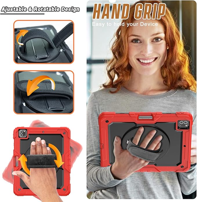 Herize Case Compatible with iPad Pro 12.9 Inch 2022/2021/2020 with Pencil Holder | Heavy Duty Shockproof Rubber Case with Stand Hand Grip Shoulder Strap Screen Protector | Red