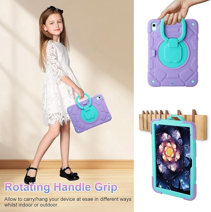 for iPad (A16) 11th Generation case 11''(2025)/10th Generation case 10.9''(2022)360°Rotatable Stand with [Pencil Holder&ampShoulder Strap] Heavy Duty Shockproof Case (Light Purple+Mint Green)