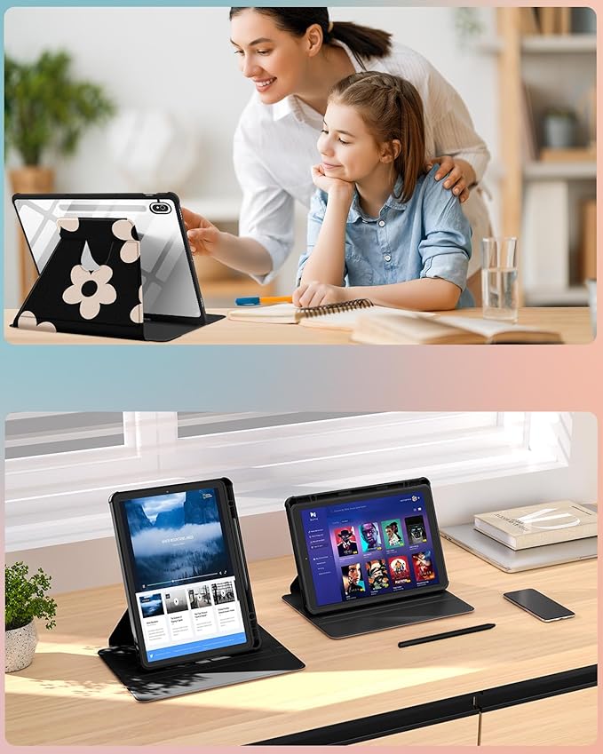 for Samsung Galaxy Tab S10 Fe Case - Tab S9 Fe/S9 Case with Pencil Holder Women Girl Cute Girly Pretty Black Flower Unique Aesthetic Design Teens Rotating Tablet Cases Cover