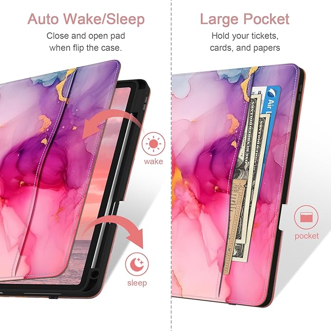 Case for iPad Pro 12.9 6th/5th/4th/3rd Generation 2022/2021/2020/2018 PU Leather 12.9 Cover with Pencil Holder/Multi-Angle Stand/Pocket Auto Wake/SleepMarble Pink