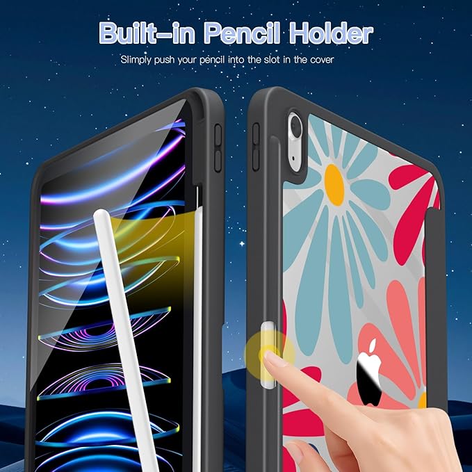 Teryeefi Case for iPad (A16) 11 inch (2025)iPad 10th Generation 10.9 inch (2022) with Pencil Holder Auto Wake/SleepPremium Stand Foldable Case with Crystal Clear Hard Back TPU Shell Colorful Flower