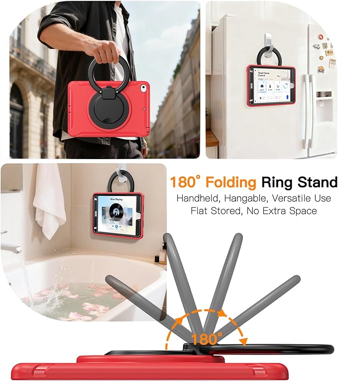 BATYUE Shockproof Case for iPad mini 4/5 (2015/2019) - 360° Multi-Angle Stand (Portrait &amp Landscape) &amp Grip Pencil Holder (Elastic Loop) Multi-Scene for All Ages Red