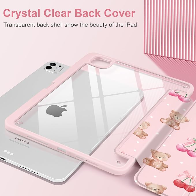 TWOLSKOO Case for iPad Pro 11-inch (M5 2025 / M4 2024) Clear Acrylic Back with TPU Bumper Pencil Holder Trifold Stand Auto Sleep/Wake Lovely Bear