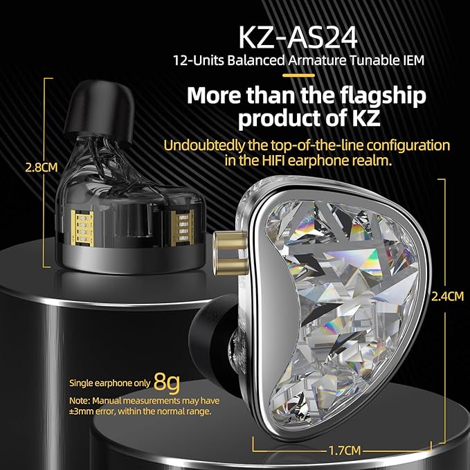 KZ AS24 in-Ear Monitor Headphone 24BA Drivers High-Performance IEM Earphones with 8 Tuning Switches Noise Isolation Wired Earbuds for Musicians (Tuning VersionBlackno mic)