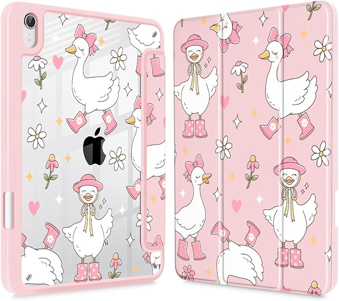 May Chen Slim Case for iPad mini 7 (A17 Pro 7th Generation) 2024 / iPad mini 6 (6th Gen) 8.3 Inch [Built-in Pencil Holder] Shockproof Cover Clear Clear Back Shell Auto Wake/Sleep Cute Goose Spring