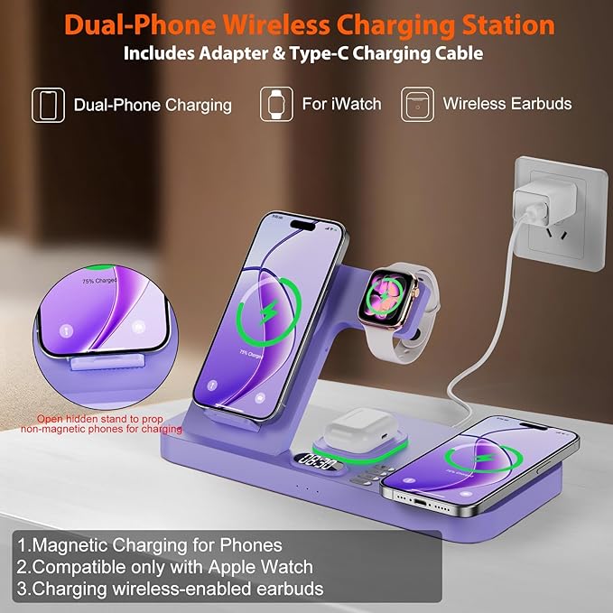 Dual Phone Magnetic Wireless Charging Station for Apple Ecosystem Wireless Charging Station for Apple Devices with Auto Switch 7-Color Light &amp Clockfor iPhone17for iwatch10 for AirPods Pro3（Pu
